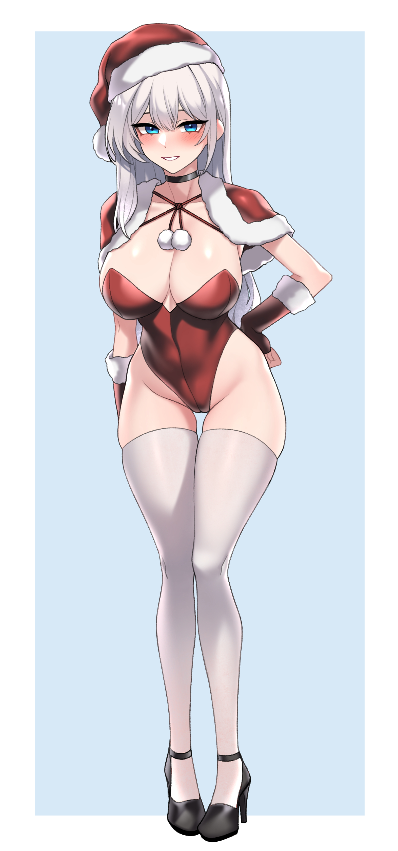 dogs (dlrkdejr26), original, absurdres, commission, highres, variant set, 1girl, arm behind leg, bare hips, breasts, capelet, center-flap bangs, choker, cleavage, collarbone, fingerless gloves, full body, gloves, grin, groin, hand on own hip, high heels, highleg, highleg leotard, large breasts, leotard, long hair, looking at viewer, pumps, santa costume, skindentation, smile, solo, tachi-e, thighhighs, tsurime, very long hair