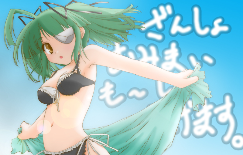 shinyonyo, tita nium, otomedius, bad id, bad pixiv id, 1girl, ahoge, armpits, bikini, black bikini, eyepatch, female focus, green hair, hair ribbon, navel, open mouth, orange eyes, ribbon, short hair, side-tie bikini bottom, solo, swimsuit, towel, twintails, yellow eyes, zanshomimai