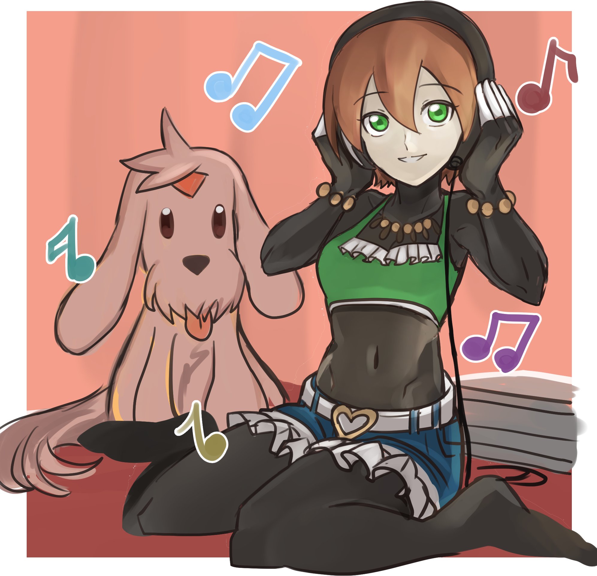 raica (khongbautroi), aile (mega man zx), mega man (series), mega man zx, highres, 1girl, black bodysuit, blue shorts, bodysuit, border, breasts, brown hair, covered navel, cropped shirt, dog, full body, green eyes, green shirt, kneeling, musical note, official alternate costume, pink background, shirt, short hair, shorts, simple background, white border