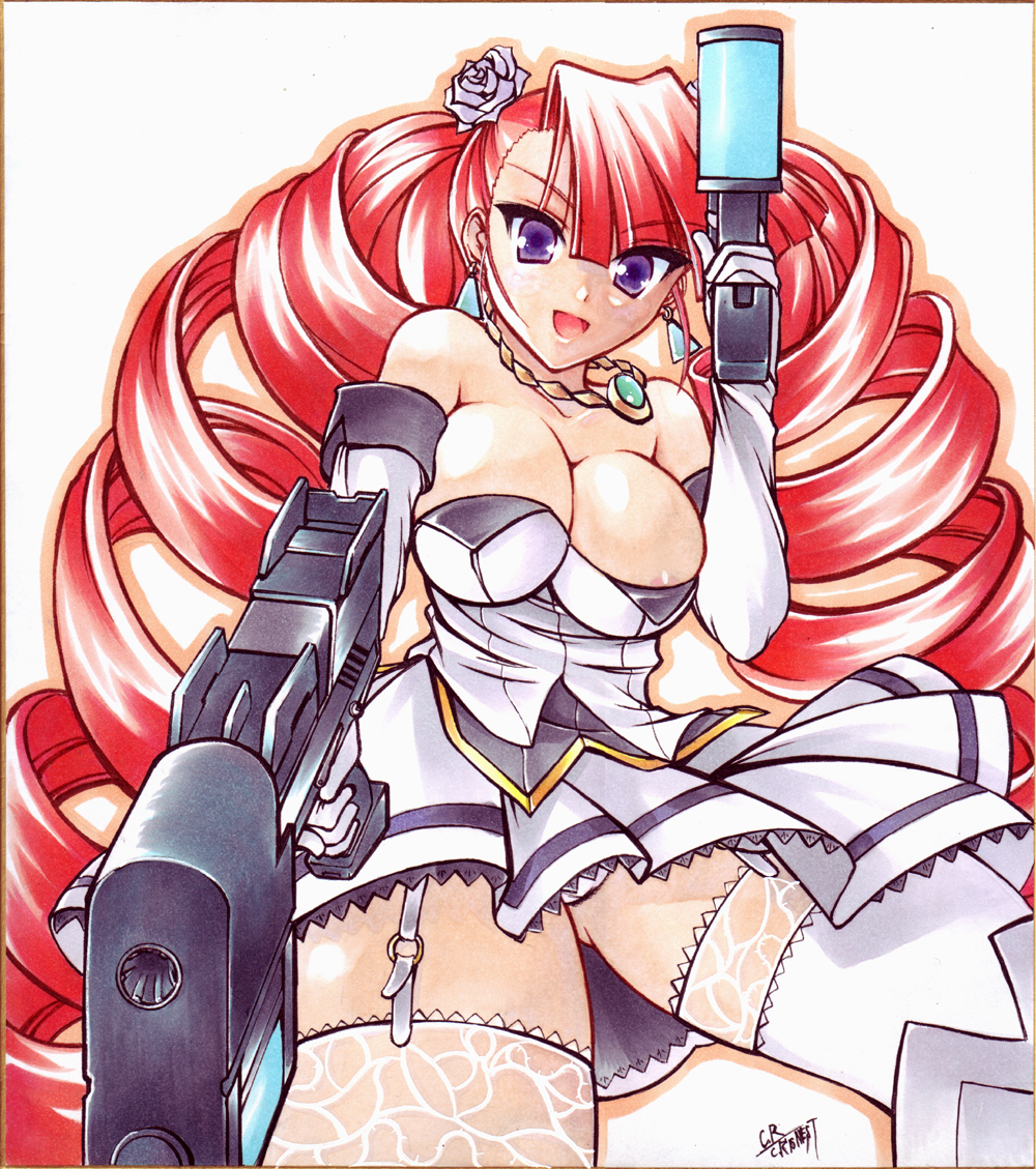 c.r., petra johanna lagerkvist, aq interactive, arcana heart, arcana heart 2, atlus, examu, lace-trimmed legwear, areola slip, bare shoulders, breasts, cleavage, dress, drill hair, dual wielding, earrings, elbow gloves, flower, garter belt, garter straps, gloves, gun, hair flower, hair ornament, hands on own hips, holding, jewelry, lace, lace trim, large breasts, long hair, necklace, nipple slip, nipples, no bra, orange hair, panties, pantyshot, pendant, purple eyes, red hair, rose, signature, solo, thighhighs, twin drills, twintails, underwear, upskirt, very long hair, weapon, white panties, white thighhighs, zettai ryouiki