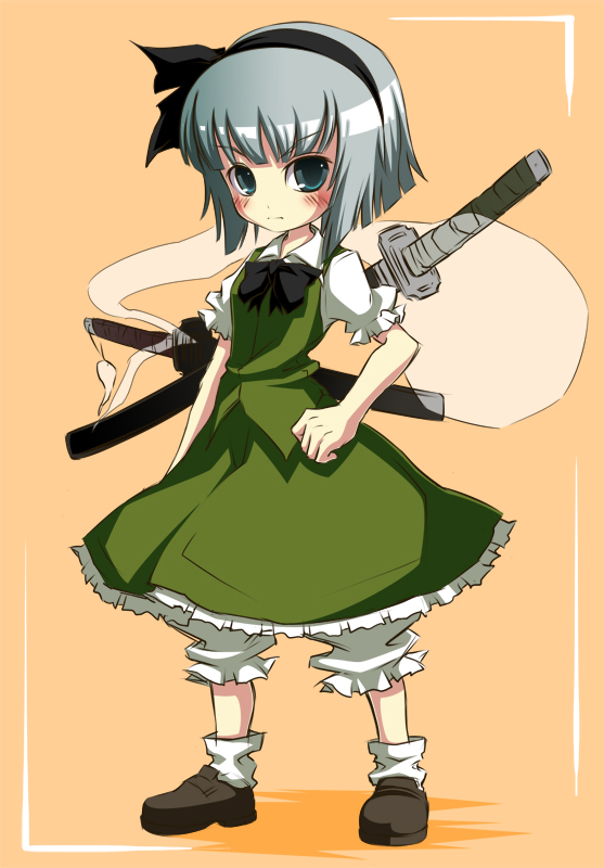 noya makoto, konpaku youmu, konpaku youmu (ghost), touhou, 1girl, female focus, ghost, hairband, hitodama, katana, sheath, sheathed, short hair, solo, sword, weapon