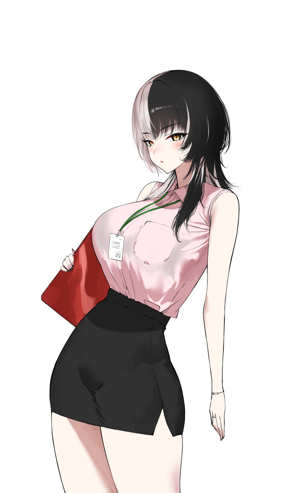 mulhubs, shiori novella, hololive, hololive english, commentary, hashtag-only commentary, highres, 1girl, bare shoulders, black hair, black nails, black skirt, blush, bracelet, breasts, fingernails, holding, huge breasts, id card, jewelry, lanyard, long hair, multicolored hair, nail polish, open mouth, pink shirt, ring, shirt, side slit, simple background, skirt, sleeveless, sleeveless shirt, solo, split-color hair, thighs, two-tone hair, virtual youtuber, white background, white hair, yellow eyes