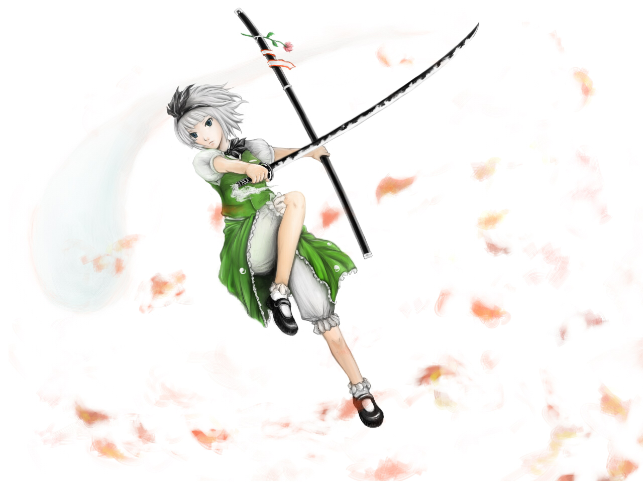 daizu (daizubatake), konpaku youmu, konpaku youmu (ghost), touhou, bad id, bad pixiv id, 1girl, dress, female focus, ghost, hairband, hitodama, katana, sheath, solo, sword, weapon