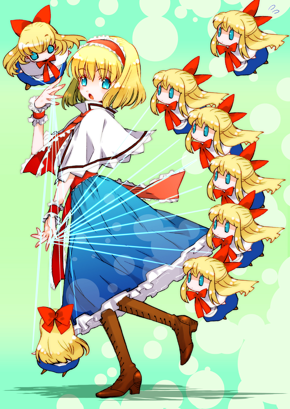 niboshi (iemizu), niboshi (pixiv89893), alice margatroid, shanghai doll, touhou, highres, 1girl, blonde hair, blue eyes, boots, doll, female focus, full body, hairband, ribbon, short hair, solo, string