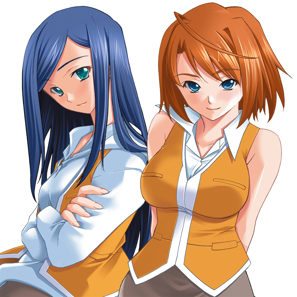 hozumi takashi, kuga natsuki, tokiha mai, my-hime, 00s, 2girls, ahoge, aqua eyes, blue eyes, blue hair, breasts, crossed arms, large breasts, long hair, multiple girls, orange hair, orange shirt, red hair, school uniform, shirt, short hair, smile