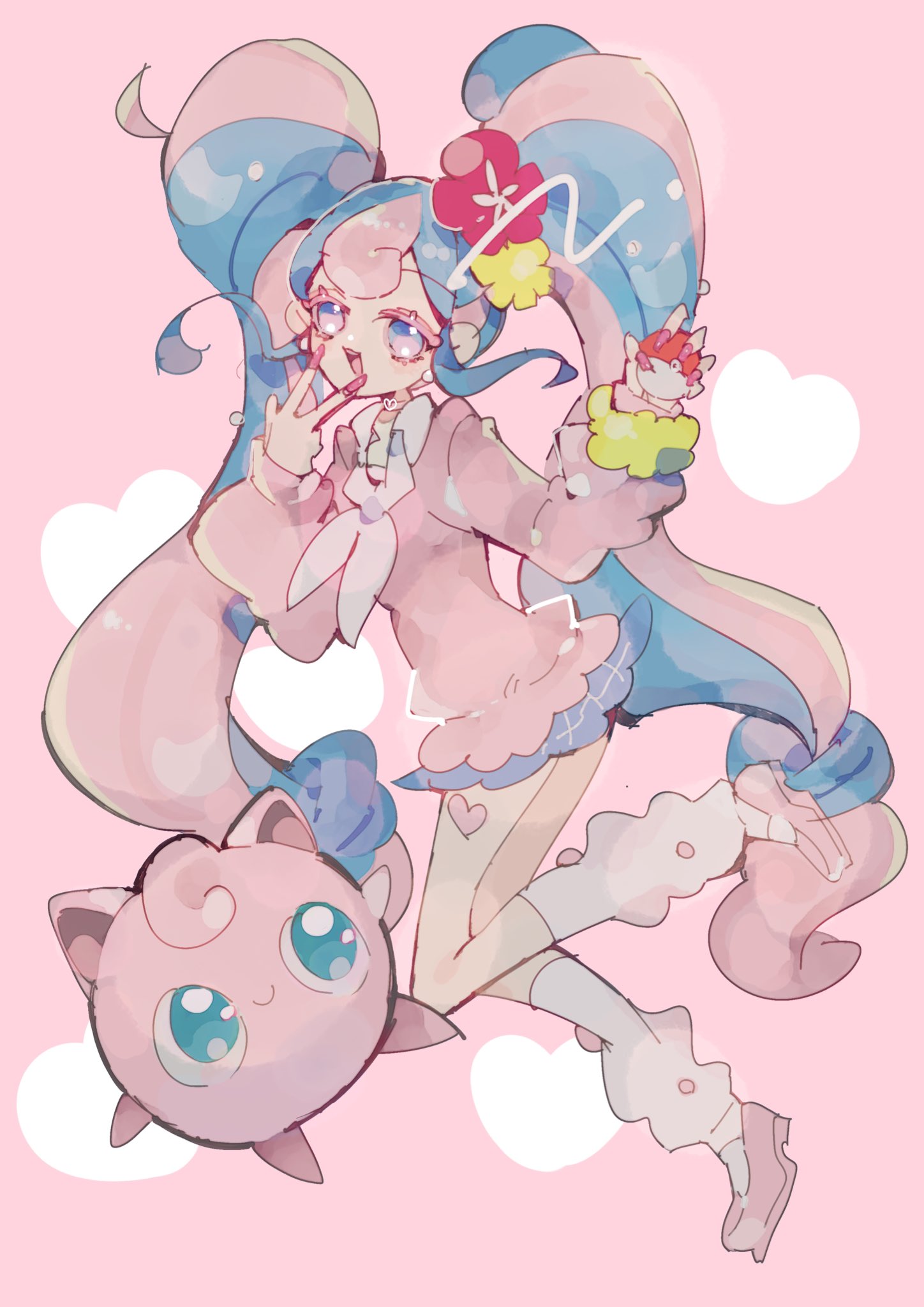 uraura8yama, fairy miku (project voltage), hatsune miku, jigglypuff, nintendo, pokemon, project voltage, vocaloid, highres, 1girl, :d, blue eyes, blue hair, blue skirt, collared sweater, earrings, flower, full body, gen 1 pokemon, hair flower, hair ornament, holding, holding poke ball, jewelry, leg warmers, long hair, long sleeves, looking at another, looking at viewer, multicolored hair, neckerchief, open mouth, pink background, pink hair, pink nails, pink shoes, pink sweater, poke ball, pokemon (creature), red flower, scrunchie, shoes, simple background, skirt, smile, standing, sticker on leg, sweater, twintails, two-tone hair, v, white leg warmers, white neckerchief, wrist scrunchie, yellow flower, yellow scrunchie