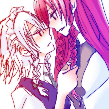 fusuke, hong meiling, izayoi sakuya, embodiment of scarlet devil, touhou, silver hair, bad id, bad pixiv id, lowres, 2girls, eye contact, female focus, grabbing another's hair, holding another's hair, looking at another, multiple girls, oekaki, profile, red hair, ribbon, yuri