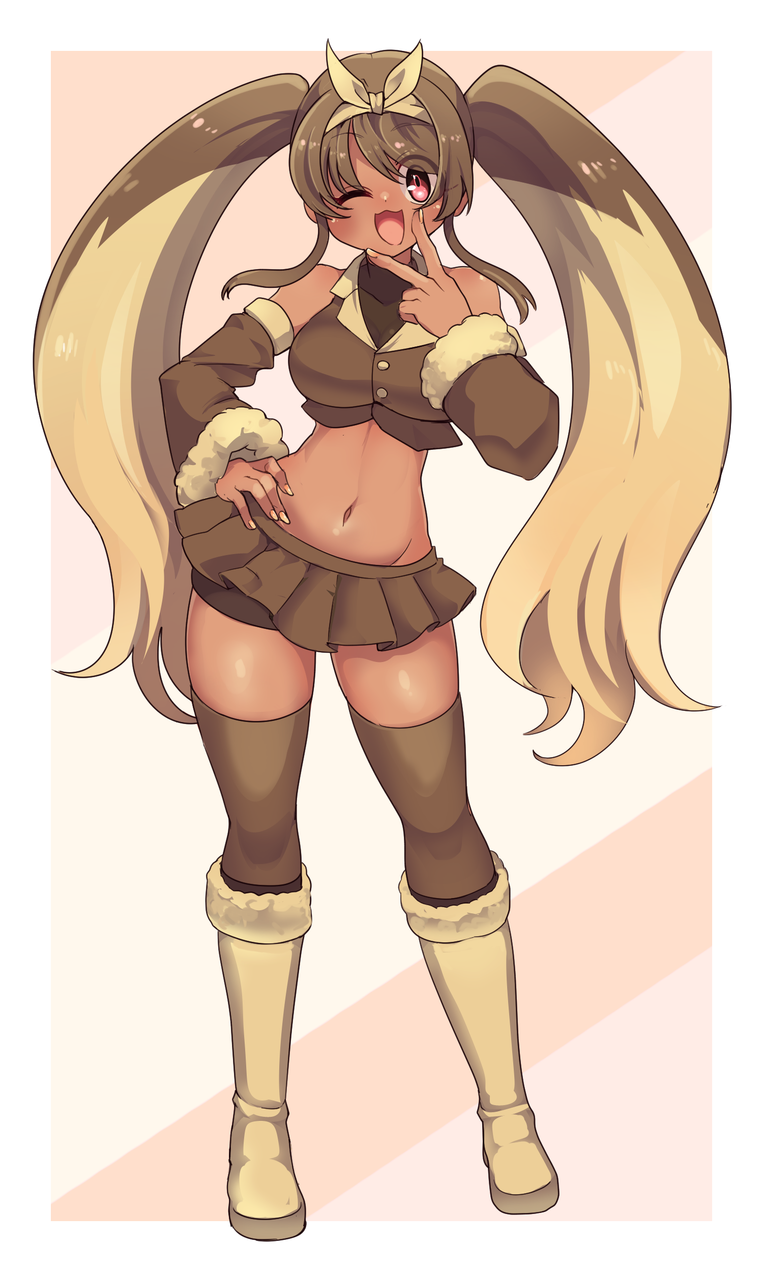 borokuro, lopunny, nintendo, pokemon, absurdres, highres, 1girl, ;d, boots, breasts, brown skirt, brown thighhighs, detached sleeves, full body, gen 4 pokemon, hairband, hand on own hip, medium breasts, miniskirt, multicolored hair, navel, one eye closed, open mouth, personification, red eyes, skirt, smile, solo, standing, tan, thighhighs, twintails, two-tone hair, v