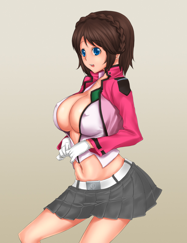 rokuichi, celestial being extra, gundam, gundam 00, extra, 00s, belt, blue eyes, braid, breasts, brown hair, covered erect nipples, gloves, jacket, large breasts, midriff, miniskirt, navel, open clothes, open shirt, shirt, short hair, single braid, skirt, smile, solo, stacked extra
