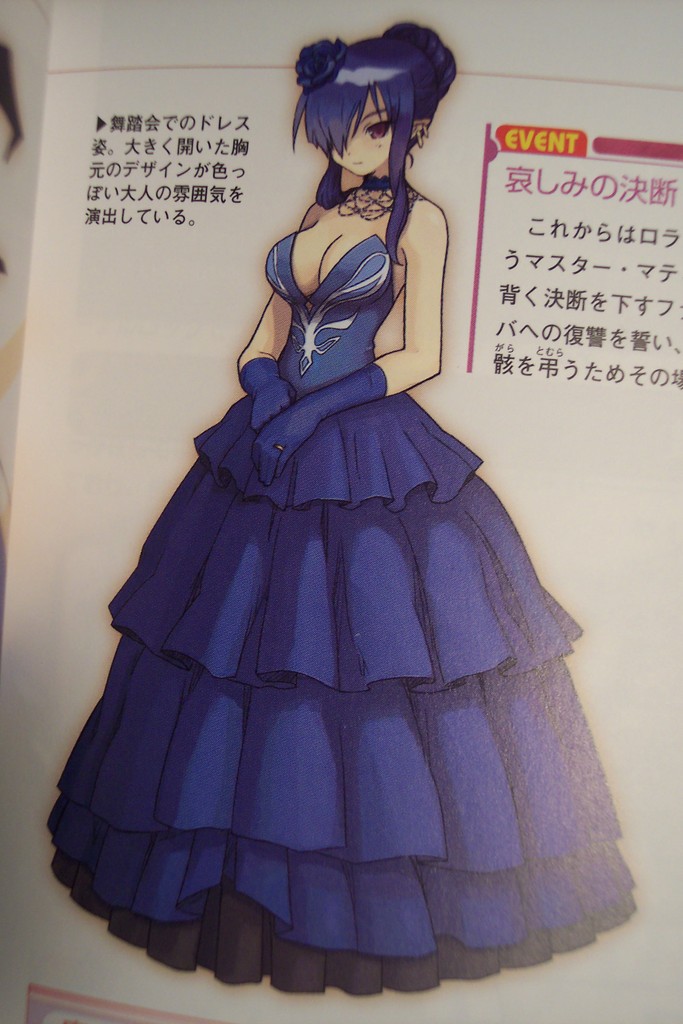 shibano kaito, fatima, luminous arc, luminous arc 2, artbook, long image, official art, photo (medium), tall image, 1girl, alternate costume, alternate hairstyle, bare shoulders, blue dress, blue gloves, blue hair, breasts, choker, cleavage, double bun, dress, earrings, elbow gloves, female focus, flower, frills, full body, gloves, hair bun, hair flower, hair ornament, hair over one eye, hair up, jewelry, large breasts, long hair, looking at viewer, outline, pointy ears, purple eyes, ring, sidelocks, solo, strapless, strapless dress, text focus