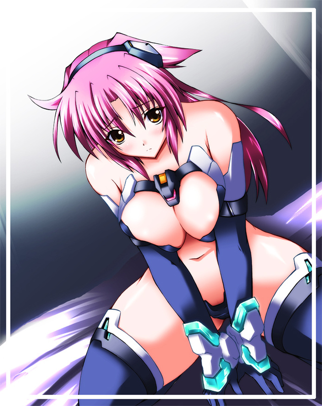 nanairo souga, souga nanairo, crueltear, trigger heart exelica, 1girl, bed, blush, breasts, cleavage, clitoris slip, elbow gloves, female focus, gloves, large breasts, mecha musume, pink hair, pussy, pussy peek, solo, thighhighs, yellow eyes