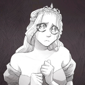 princess (slay the princess), slay the princess, lowres, 1girl, bare shoulders, breasts, chain, cleavage, crown, dress, greyscale, long hair, looking at viewer, monochrome, nonparelliperuna, off-shoulder dress, off shoulder, princess, solo, tiara