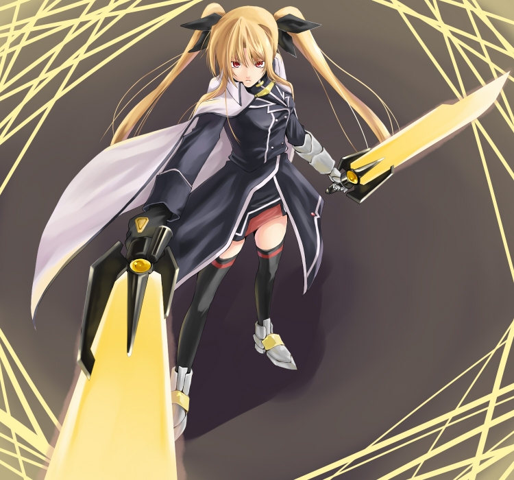 tadokoro teppei, bardiche (nanoha), bardiche (riot zanber stinger) (nanoha), fate testarossa, fate testarossa (impulse form), lyrical nanoha, mahou shoujo lyrical nanoha, mahou shoujo lyrical nanoha strikers, 00s, blonde hair, energy sword, hair ribbon, long hair, red eyes, ribbon, solo, sword, thighhighs, twintails, weapon, zettai ryouiki