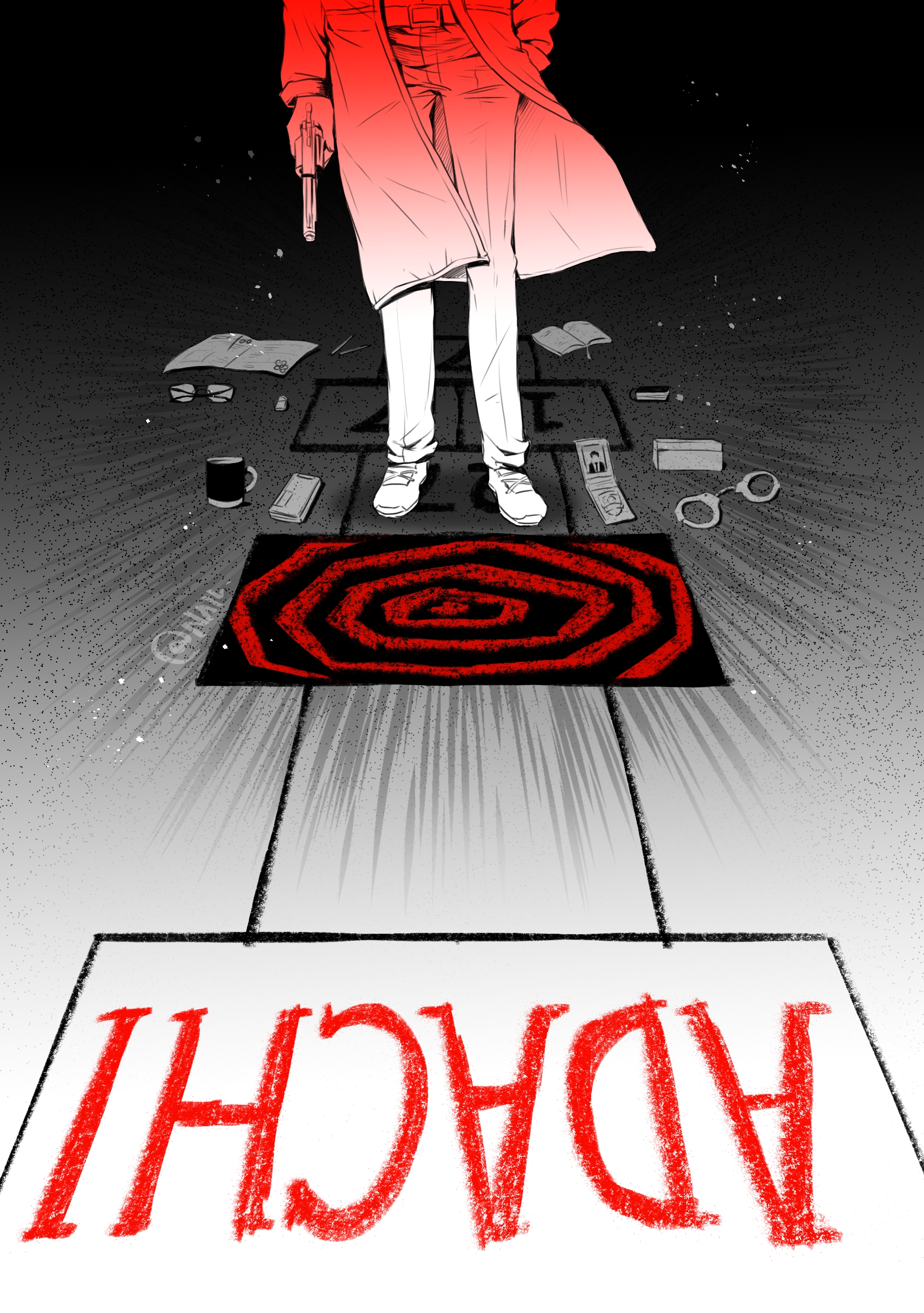 nailtoo, adachi tooru, persona, persona 4, absurdres, chinese commentary, commentary request, highres, 1boy, book, cellphone, character name, coat, cuffs, cup, flip phone, glasses, gun, hand in pocket, handcuffs, handgun, holding, holding gun, holding weapon, hopscotch, lower body, male focus, monochrome, mug, open book, pants, phone, revolver, solo, standing, unworn eyewear, weapon