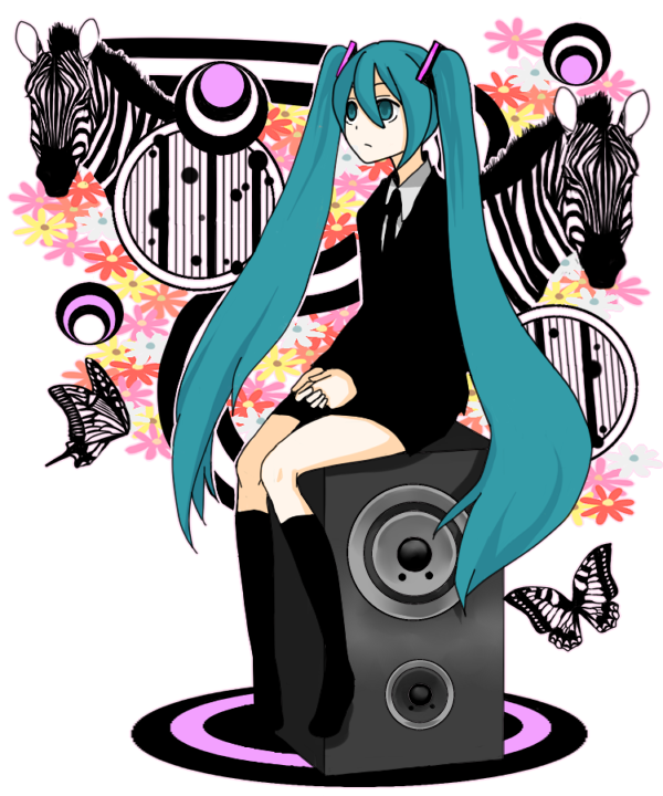 shuya (pixiv206207), hatsune miku, hatsune miku (saihate), saihate (vocaloid), vocaloid, bad id, bad pixiv id, bug, butterfly, flower, insect, kneehighs, long hair, sitting, socks, speaker, twintails, very long hair, zebra
