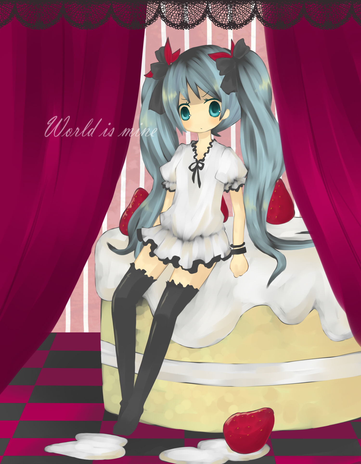 kage (mochiko65), mochiko65, hatsune miku, vocaloid, world is mine (vocaloid), bad id, bad pixiv id, highres, 1girl, aqua hair, cake, checkered floor, female focus, food, fruit, long hair, pastry, perspective, solo, strawberry, thighhighs, twintails, zettai ryouiki