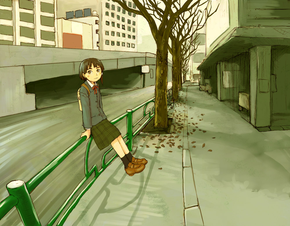naotan, iwakura lain, serial experiments lain, 1990s (style), 1girl, autumn, bare tree, blazer, brown hair, building, city, female focus, hair ornament, hairclip, jacket, looking at viewer, outdoors, plaid clothes, plaid skirt, railing, retro artstyle, road, school uniform, short hair, sitting, skirt, smile, solo, street, tree