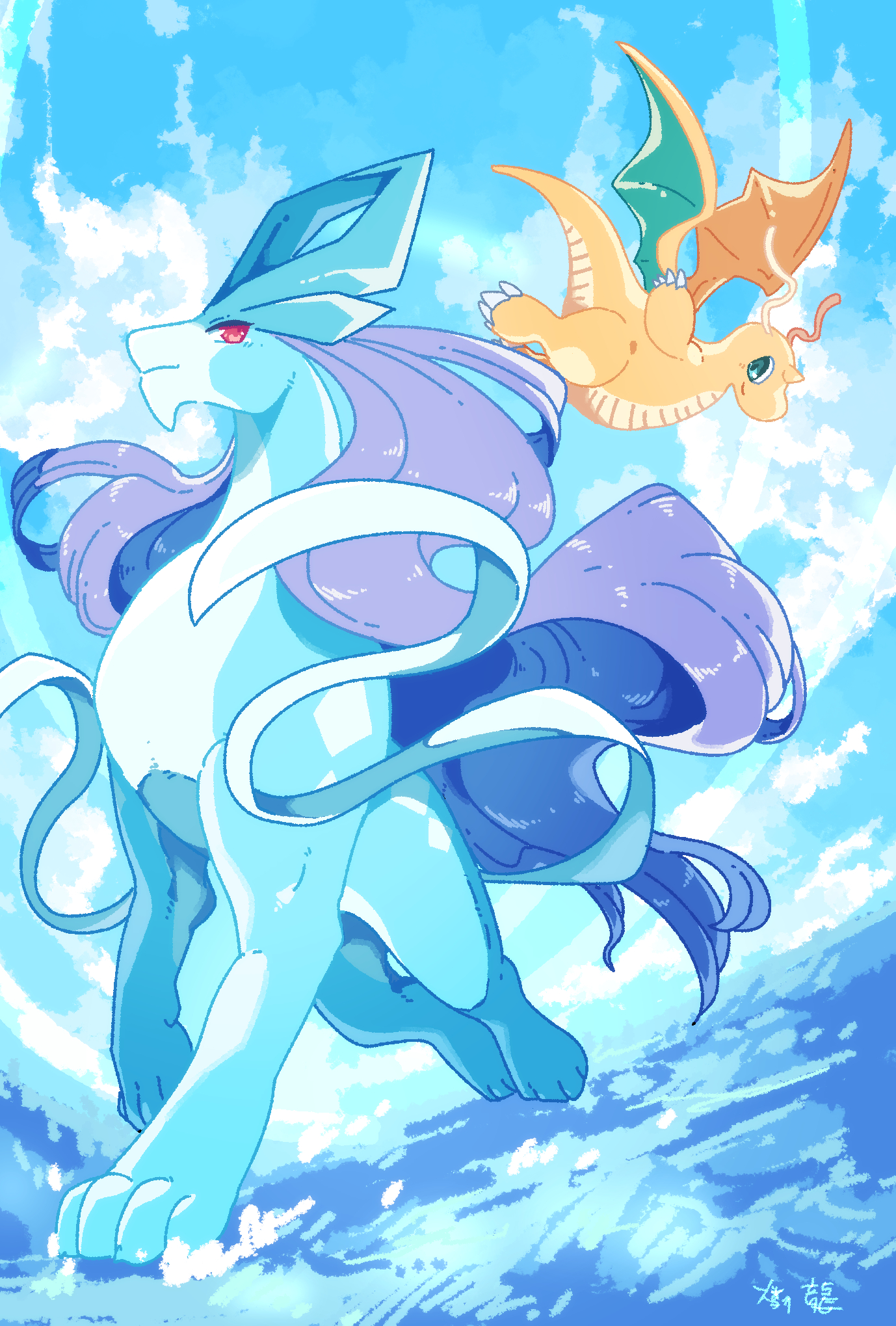 ohayou milk, dragonite, suicune, nintendo, pokemon, highres, blue background, cloud, day, gen 1 pokemon, gen 2 pokemon, green eyes, legendary pokemon, outdoors, pokemon (creature), red eyes