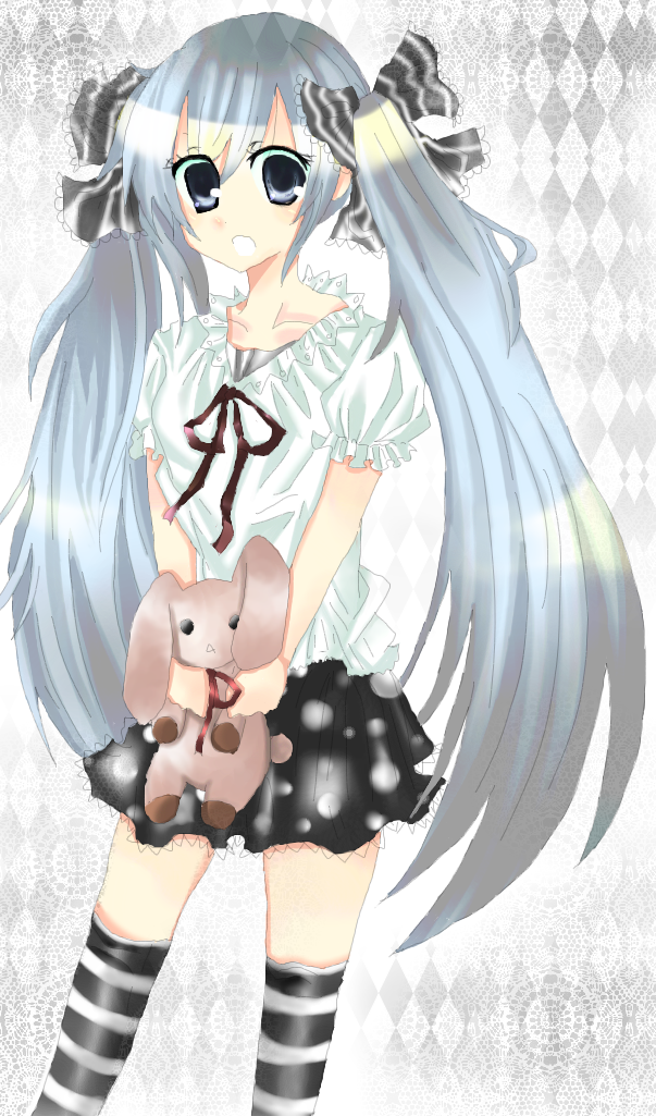 kotoha, hatsune miku, vocaloid, world is mine (vocaloid), bad id, bad pixiv id, 1girl, aqua hair, female focus, long hair, skirt, solo, stuffed animal, stuffed rabbit, stuffed toy, thighhighs, twintails