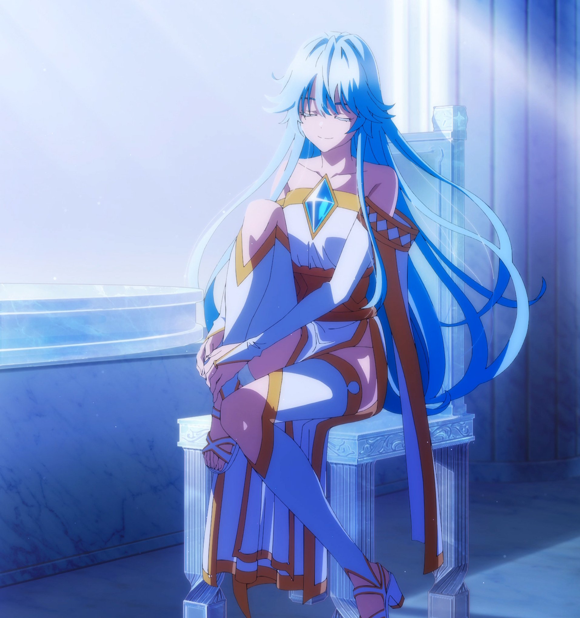 elfaria albis serfort, tsue to tsurugi no wistoria, highres, 1boy, 1girl, bare shoulders, blue gemstone, blue hair, breasts, chair, closed eyes, closed mouth, collarbone, dot nose, dress, female focus, flat chest, gem, gem uniform (houseki no kuni), gloves, gold trim, high heels, long glove, long hair, no bra, no panties, off-shoulder dress, off shoulder, pelvic curtain, sexually suggestive, side slit, sitting, sleeveless, sleeveless dress, small breasts, smile, solo, solo focus, thighhighs, white dress, white gloves, white heels, white thighhighs