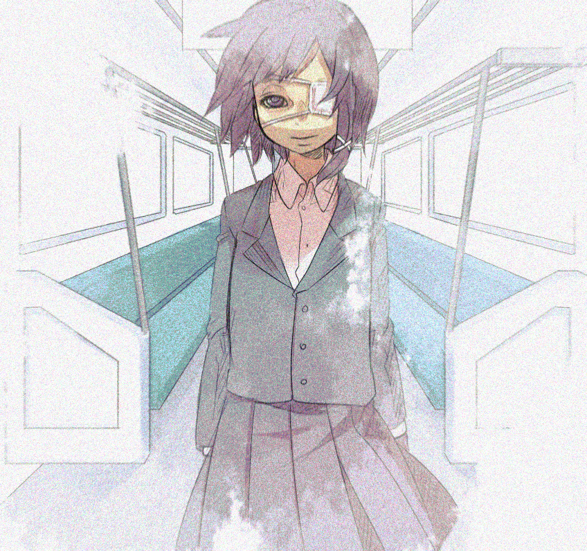 fujitsuna, iwakura lain, shindou chihiro, ef (visual novel), serial experiments lain, bad id, bad pixiv id, 1girl, eyepatch, female focus, film grain, hair ornament, hairclip, heavy film grain, parody, solo, train, train interior