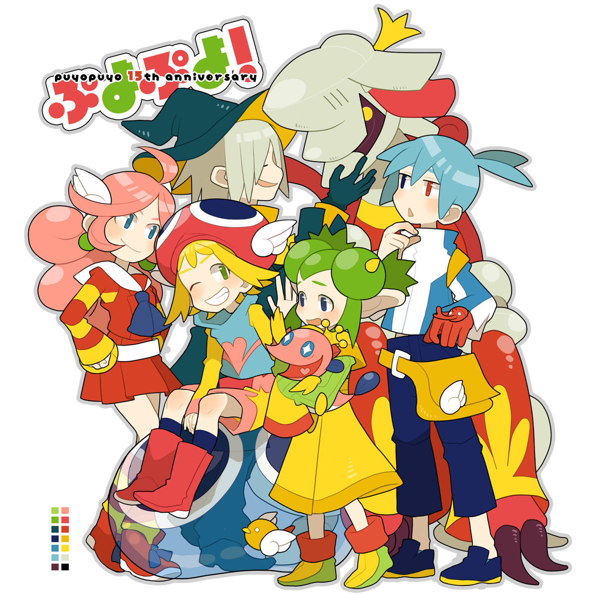 haruo (clownberry), amitie (puyopuyo), baldanders (puyopuyo), lemres (puyopuyo), lidelle (puyopuyo), ocean prince, puyo (puyopuyo), raffina (puyopuyo), sig (puyopuyo), compile, madou monogatari, puyopuyo, puyopuyo fever, puyopuyo fever 2, sonic (series), bad id, bad pixiv id, highres, 3girls, 4boys, ahoge, bag, bird, blob, blonde hair, blue eyes, blue hair, boots, capri pants, creature, crown, curly hair, earrings, english text, everyone, gloves, green eyes, green hair, grey hair, grin, hat, heart, heart in mouth, heterochromia, hood, horns, jewelry, kneehighs, long sleeves, looking at another, messenger bag, miniskirt, multiple boys, multiple girls, one eye closed, pants, pink hair, pleated skirt, pointy ears, red eyes, shoes, shorts, shoulder bag, single glove, sitting, skirt, sleeves past wrists, smile, sneakers, socks, standing, white background, wink, witch hat