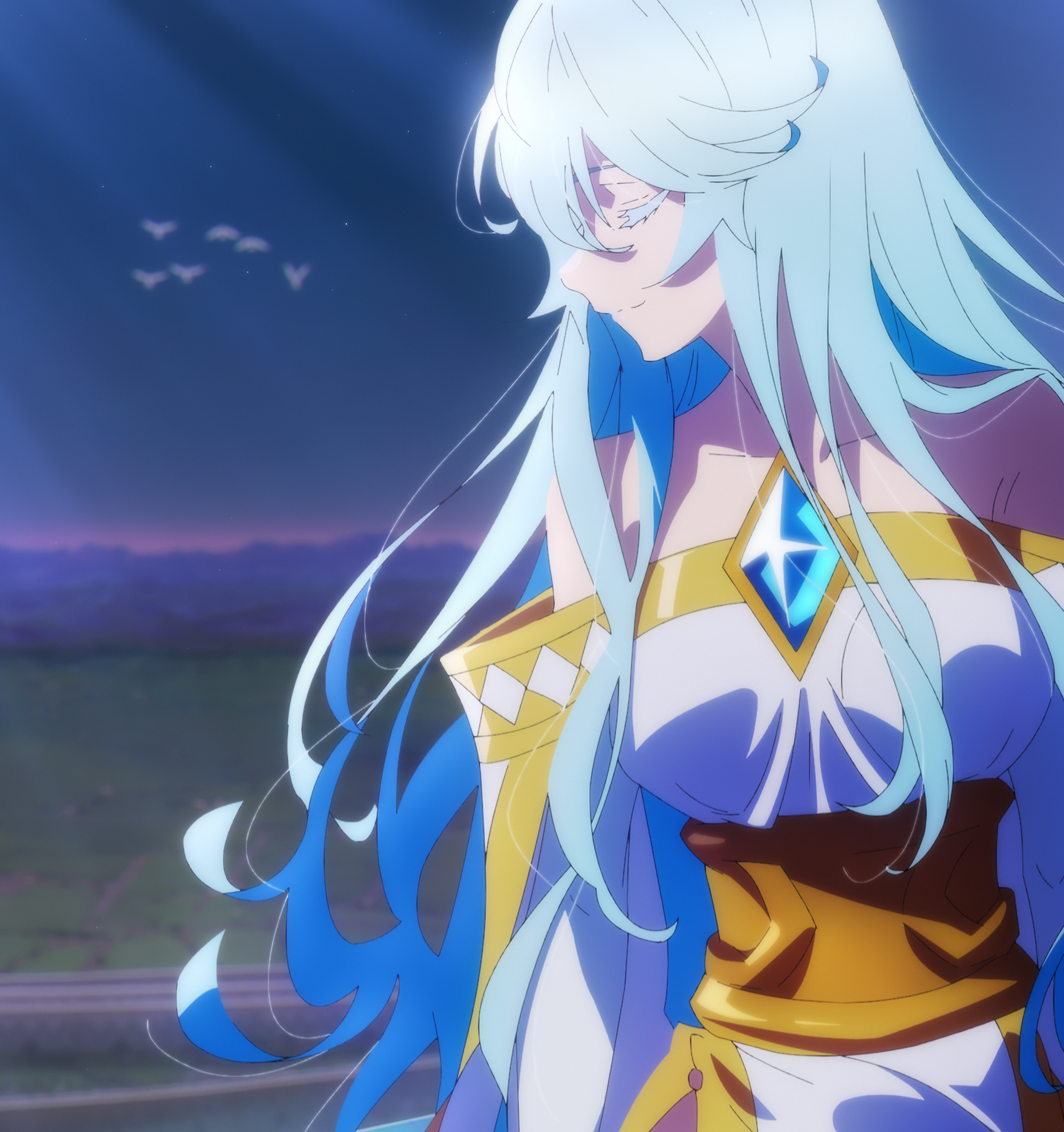 elfaria albis serfort, tsue to tsurugi no wistoria, absurdres, highres, 1girl, bare shoulders, blue gemstone, blue hair, breasts, chest jewel, closed eyes, closed mouth, collarbone, dress, female focus, gem, gloves, gold trim, legs, long glove, long hair, medium breasts, no bra, no panties, off-shoulder dress, off shoulder, pelvic curtain, side slit, sitting, sleeveless, sleeveless dress, smile, solo, solo focus, thighs, white dress, white gloves