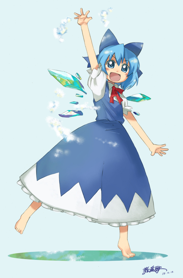 nada haruka, nada haruka uta, cirno, embodiment of scarlet devil, touhou, 1girl, barefoot, blue eyes, blue hair, dress, feet, female focus, full body, ice, matching hair/eyes, solo, waving