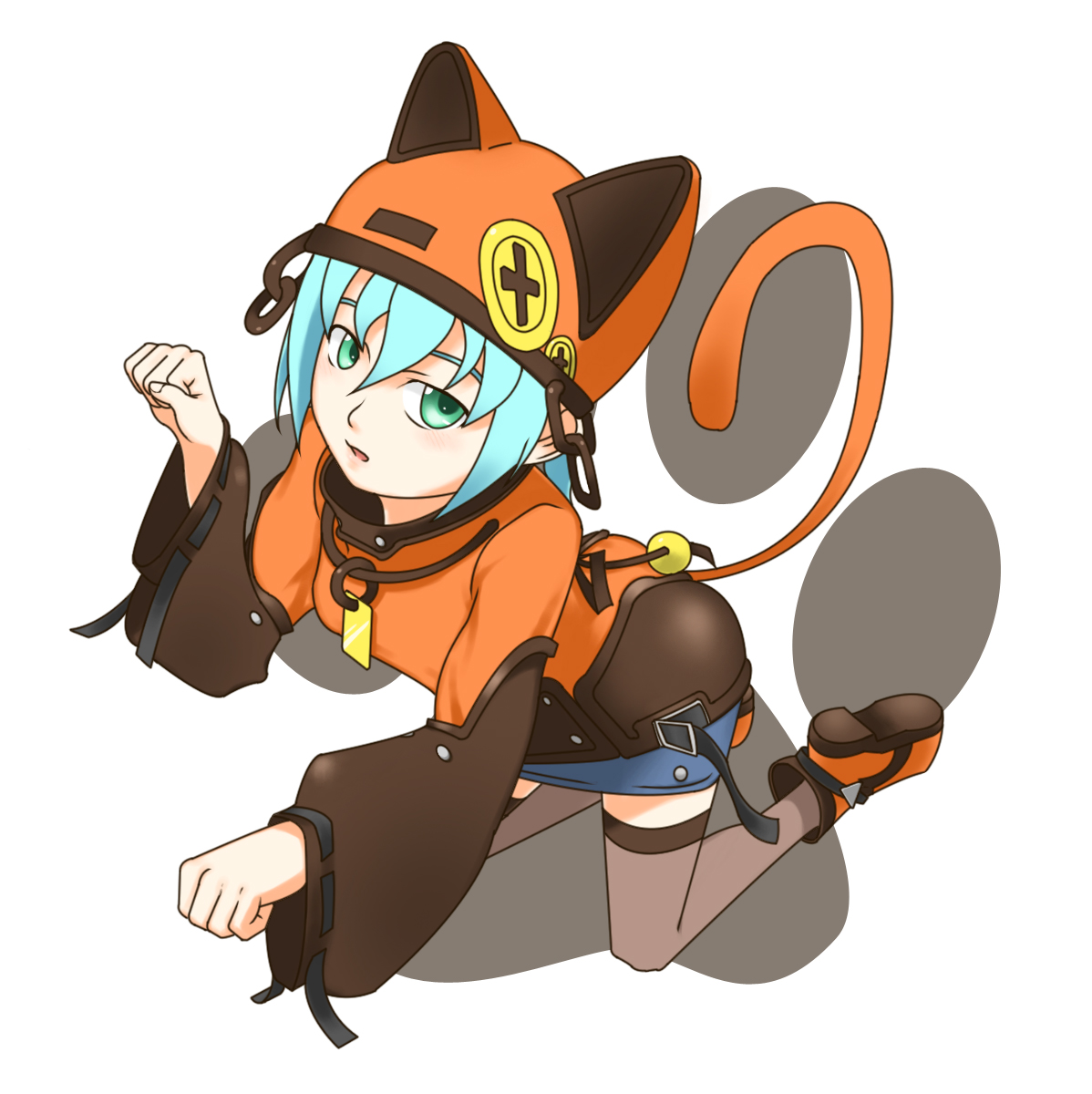 hellnia, herunia, kawai honoka, sora wo kakeru shoujo, highres, 00s, 1girl, animal ears, aqua hair, beanie, blue eyes, boots, buttons, cat ears, cat tail, chain, female focus, hat, kawai honoka (swks), skirt, solo, tail, thighhighs