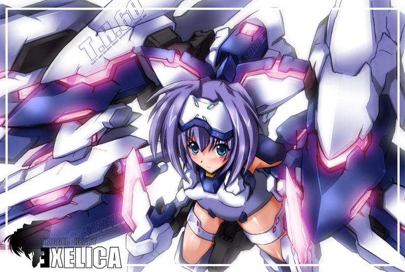 nanairo souga, souga nanairo, exelica, trigger heart exelica, 1girl, blue eyes, female focus, mecha musume, one-piece swimsuit, purple hair, school swimsuit, short hair, solo, swimsuit, swimsuit costume, white one-piece swimsuit, white school swimsuit