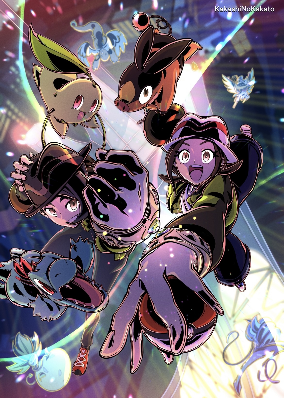 kakashino kakato, chikorita, dragonite, harmony (pokemon), hawlucha, malamar, mega dragonite, mega hawlucha, mega malamar, mega victreebel, paxton (pokemon), tepig, totodile, victreebel, nintendo, pokemon, pokemon legends: z-a, highres, 1boy, 1girl, black hair, gen 1 pokemon, gen 2 pokemon, gen 5 pokemon, gen 6 pokemon, jacket, long sleeves, mega pokemon, open clothes, open mouth, pokemon (creature), shirt, short hair, smile, tentacles