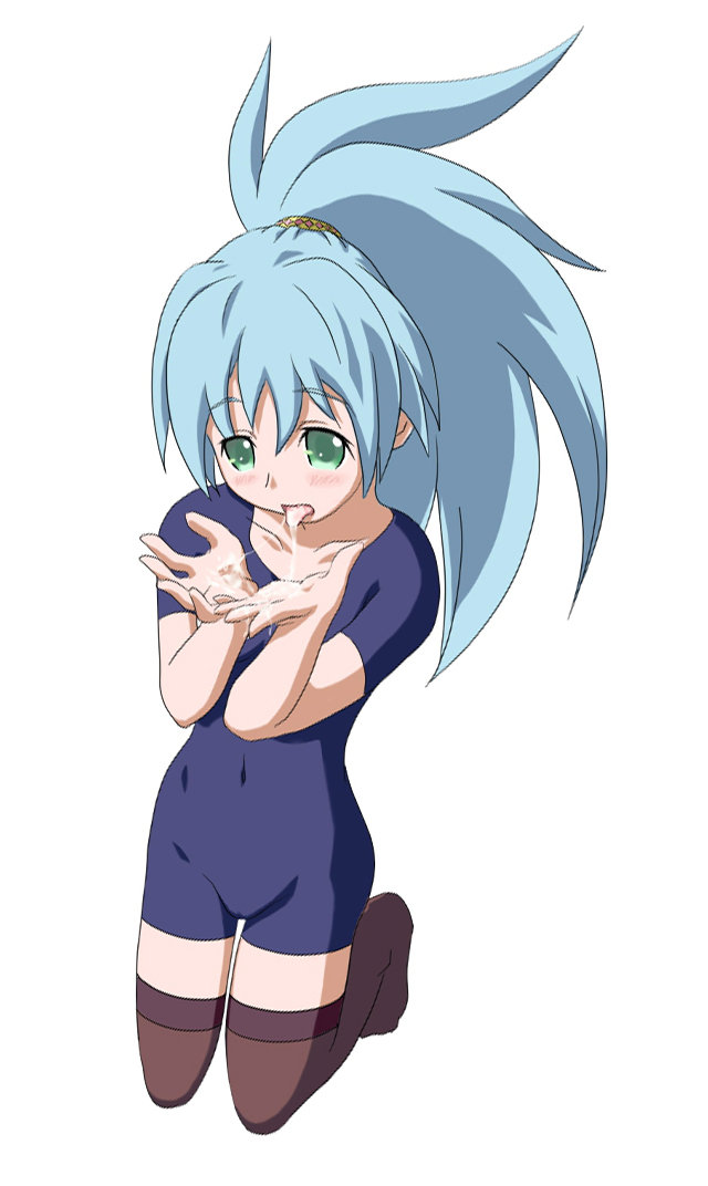mikepon (ota office), kawai honoka, sora wo kakeru shoujo, bad id, bad pixiv id, 00s, blue hair, blush, cum, flat chest, green eyes, kawai honoka (swks), leotard, ponytail, solo, thighhighs, tongue