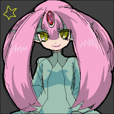 mesprit, nintendo, pokemon, lowres, 1girl, costume, female focus, gen 4 pokemon, legendary pokemon, personification, pink hair, simple background, solo, star (symbol), yellow eyes