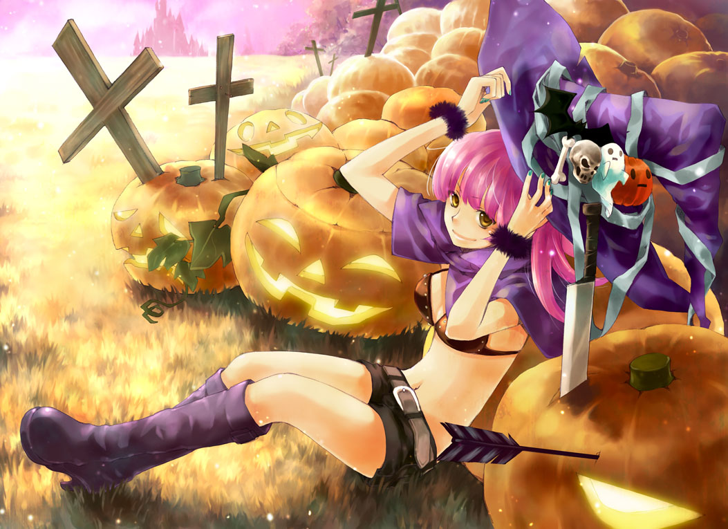 tachibana yukiji, original, bad id, bad pixiv id, 1girl, arrow (projectile), belt, bikini, bikini top only, boots, breasts, cape, cross, female focus, halloween, hat, jack-o'-lantern, knee boots, knife, long hair, midriff, navel, pink hair, pumpkin, shorts, solo, swimsuit, witch hat, yellow eyes