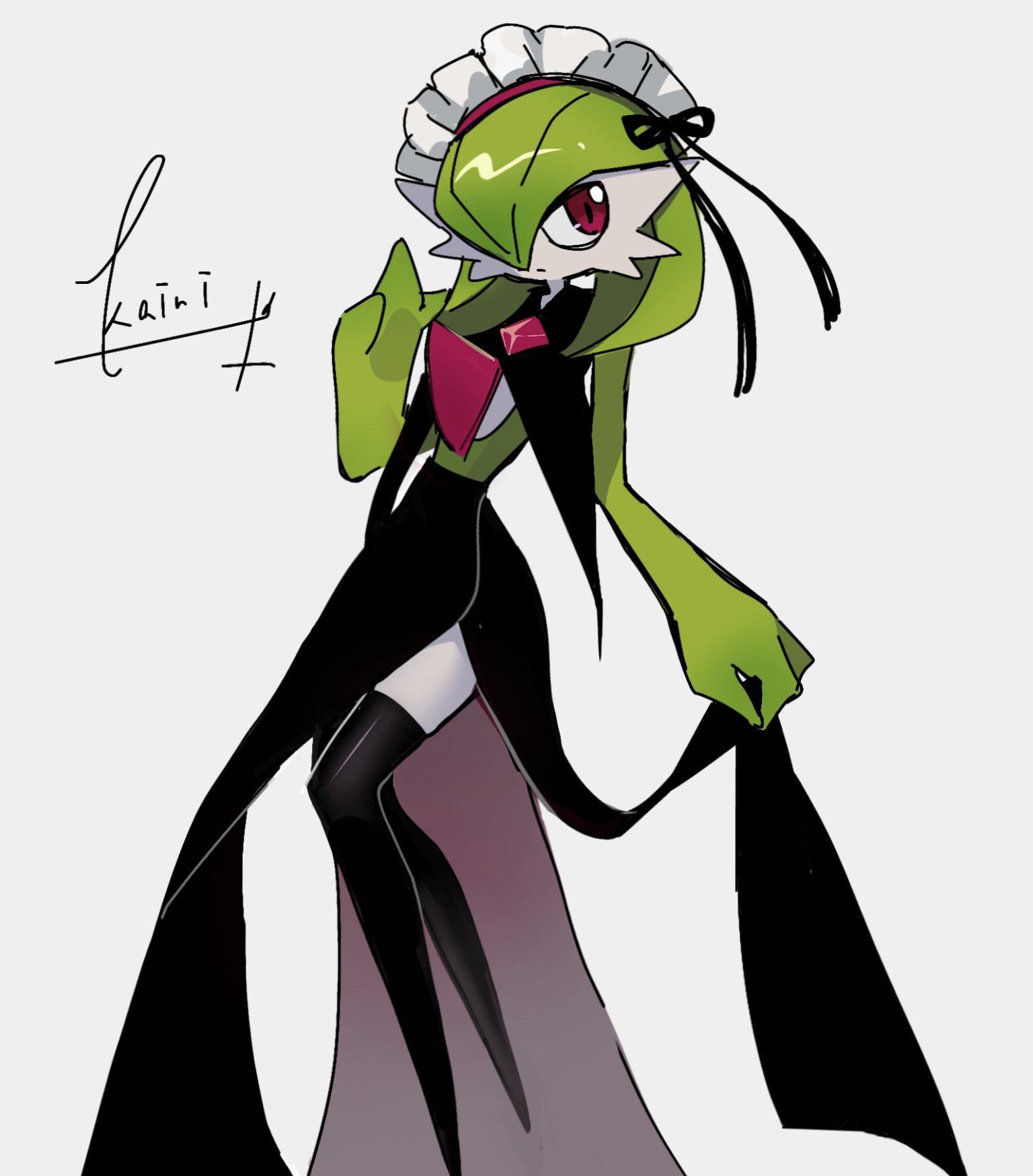 gardevoir, nintendo, pokemon, highres, 1girl, artist name, black capelet, black pantyhose, black ribbon, black skirt, bob cut, capelet, clothed pokemon, colored skin, full body, gen 3 pokemon, green hair, green skin, hair over one eye, kairi 151, looking at viewer, maid headdress, multicolored skin, pantyhose, pokemon (creature), red eyes, ribbon, short hair, simple background, skirt, solo, standing, two-tone skin, white background, white skin