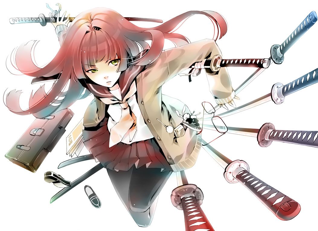 tachibana yukiji, original, bag, candy, cellphone, coat, food, from above, glasses, green eyes, katana, lollipop, long hair, pantyhose, phone, red hair, school uniform, serafuku, shoes, solo, sword, weapon