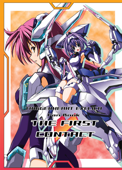 nanairo souga, souga nanairo, crueltear, exelica, trigger heart exelica, 2girls, blue eyes, elbow gloves, gloves, mecha musume, multiple girls, one-piece swimsuit, pink hair, purple hair, school swimsuit, short hair, swimsuit, swimsuit costume, white one-piece swimsuit, white school swimsuit, yellow eyes
