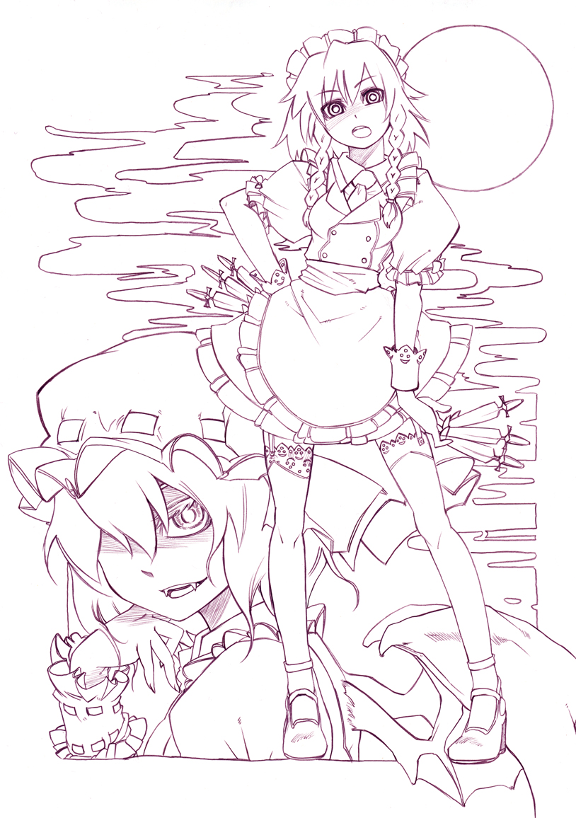 nada haruka, nada haruka uta, izayoi sakuya, remilia scarlet, touhou, traditional media, 2girls, apron, bat wings, fang, fangs, female focus, garter belt, garter straps, hair over one eye, hand on own hip, head rest, knife, lineart, maid, maid apron, maid headdress, monochrome, multiple girls, purple theme, shaded face, thighhighs, vampire, wings