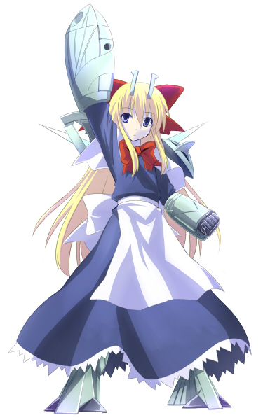 batsu, shanghai doll, turn x, gundam, touhou, turn a gundam, 1girl, blonde hair, blue eyes, doll, empty eyes, female focus, mecha musume, ribbon, solo