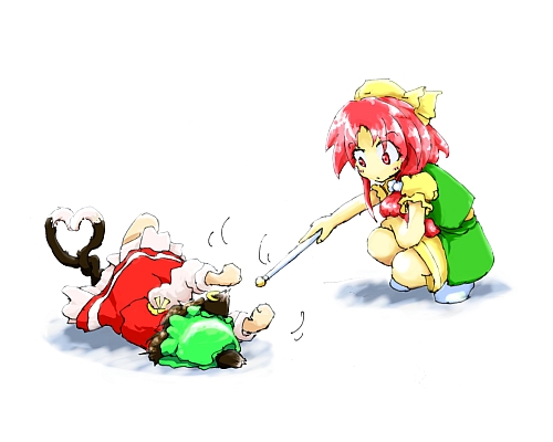 reishen, chen, orange (touhou), lotus land story, touhou, touhou (pc-98), baton, lowres, 2girls, animal ears, blonde hair, brown hair, cat ears, cat girl, cat tail, earrings, female focus, hat, heart, heart tail, jewelry, multiple girls, red eyes, red hair, tail, tareme, twirl baton