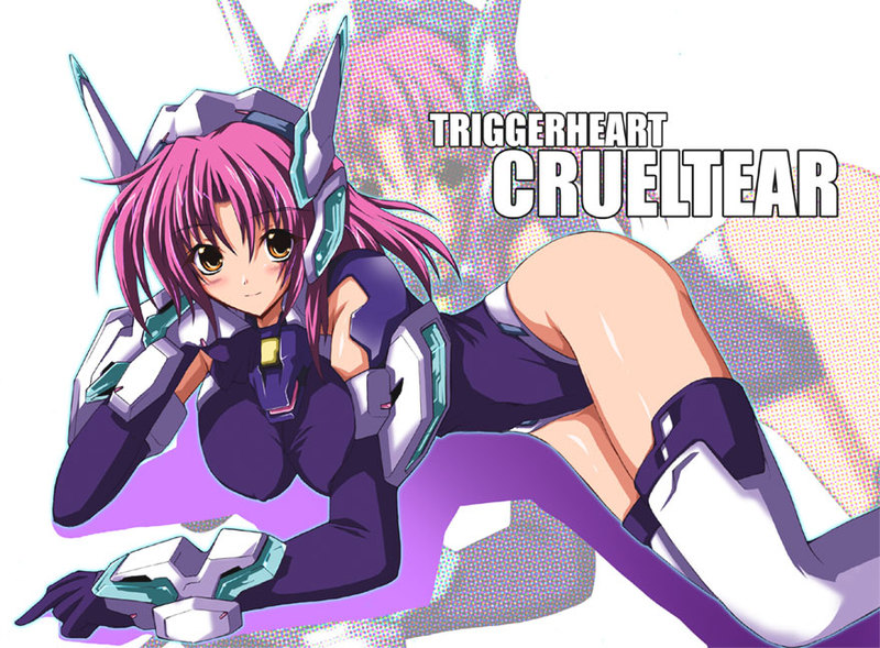 nanairo souga, souga nanairo, crueltear, trigger heart exelica, 1girl, blush, breasts, covered erect nipples, elbow gloves, female focus, gloves, large breasts, lying, mecha musume, one-piece swimsuit, pink hair, school swimsuit, smile, solo, swimsuit, swimsuit costume, thighhighs, yellow eyes
