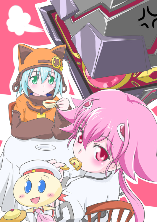 poko pen, pokopen, kawai honoka, leopard (sorakake), shishidou akiha, shishidou imoko, sora wo kakeru shoujo, 00s, 2girls, animal ears, aqua hair, beanie, blue eyes, blush, cat ears, cookie, food, green eyes, hair ornament, hairclip, hat, kawai honoka (swks), multiple girls, pink eyes, pink hair, tea