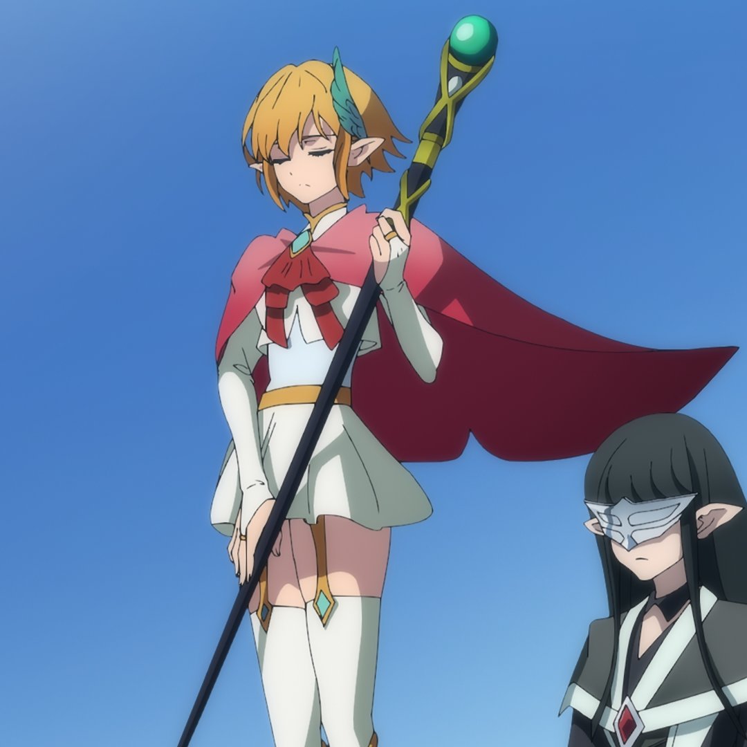 filvis challia, lefiya viridis, tsue to tsurugi no wistoria, highres, 2girls, black dress, black hair, blonde hair, blue gemstone, breasts, cape, chest jewel, closed eyes, closed mouth, collared shirt, crystal ball, dot nose, dress, ear ornament, elf, eye mask, female focus, flat chest, garter belt, garter straps, gem, holding, holding staff, kneehighs, legs, long hair, long sleeves, magic staff, miniskirt, multiple girls, pleated skirt, pointy ears, red cape, red gemstone, shirt, short hair, skirt, small breasts, socks, staff, thighhighs, thighs, white dress, white garter belt, white garter straps, white hair, white skirt, white thighhighs, zettai ryouiki