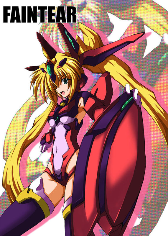 nanairo souga, souga nanairo, faintear, trigger heart exelica, 1girl, blonde hair, elbow gloves, female focus, gloves, hair over one eye, leotard, long hair, mecha musume, one-piece swimsuit, solo, swimsuit, thighhighs, twintails