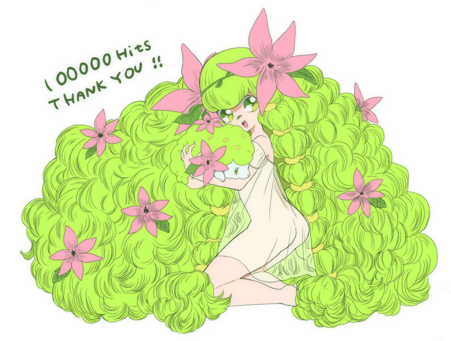 shaymin, shaymin (land), nintendo, pokemon, non-web source, 00s, 1girl, ass, female focus, flower, gen 4 pokemon, green eyes, green hair, legendary pokemon, long hair, matching hair/eyes, milestone celebration, mythical pokemon, personification, see-through clothes, solo, very long hair