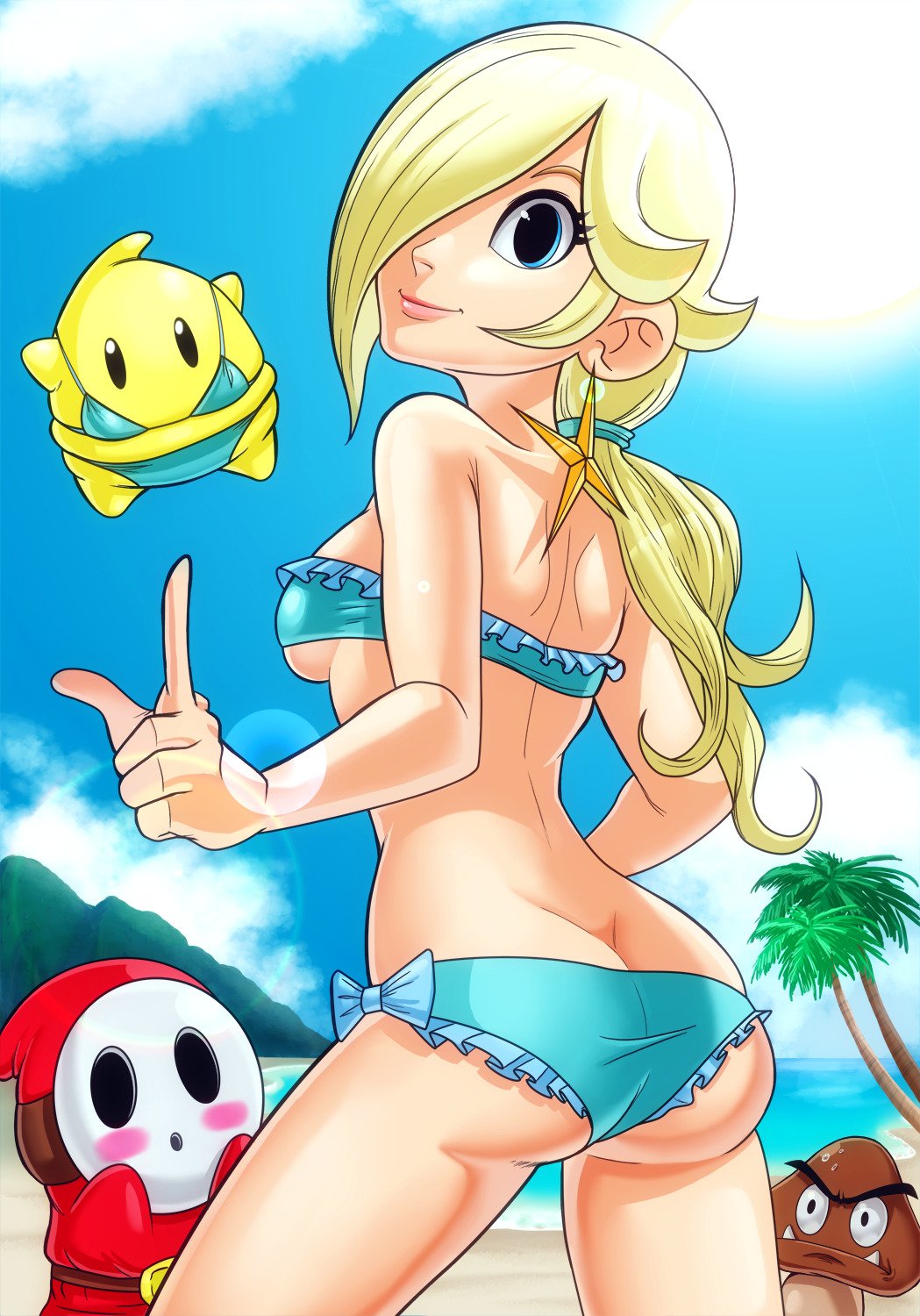 teevo, goomba, luma (mario), rosalina, shy guy, mario (series), nintendo, ass, beach, bikini, blonde hair, blue eyes, blush, bow, breasts, butt crack, earrings, gluteal fold, hair over one eye, jewelry, lace trim, lens flare, long hair, looking at viewer, looking back, ocean, one eye covered, outdoors, palm tree, pointing, ponytail, sand, sideboob, sky, star (symbol), star earrings, swimsuit, tree