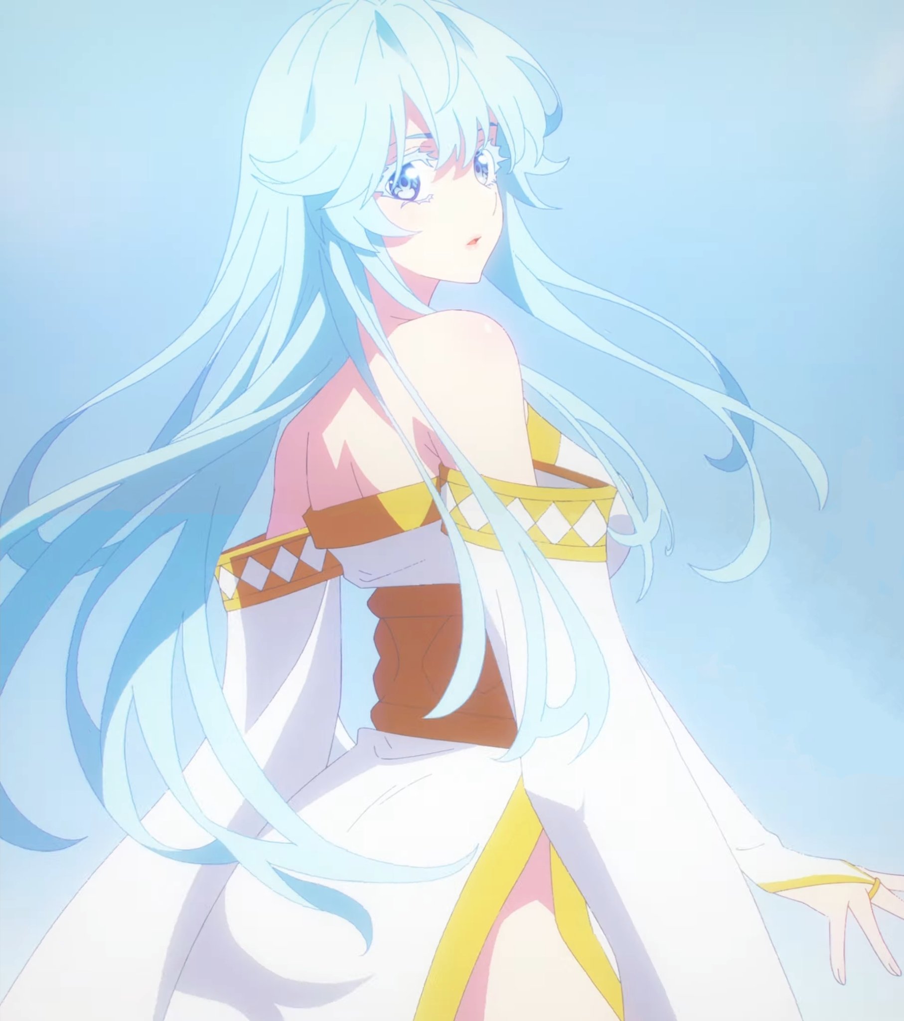 elfaria albis serfort, tsue to tsurugi no wistoria, highres, 1girl, bare shoulders, blue background, blue eyes, blue hair, blush, dress, female focus, gloves, gold trim, legs, long glove, long hair, looking at viewer, looking back, no bra, no panties, off-shoulder dress, off shoulder, open mouth, pelvic curtain, sexually suggestive, shoulder blush, side slit, sleeveless, sleeveless dress, solo, solo focus, thighs, white dress, white gloves