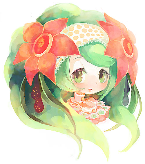 shaymin, shaymin (land), nintendo, pokemon, 00s, 1girl, costume, female focus, flower, gen 4 pokemon, green eyes, green hair, legendary pokemon, matching hair/eyes, mythical pokemon, personification, simple background, smile, solo, white background