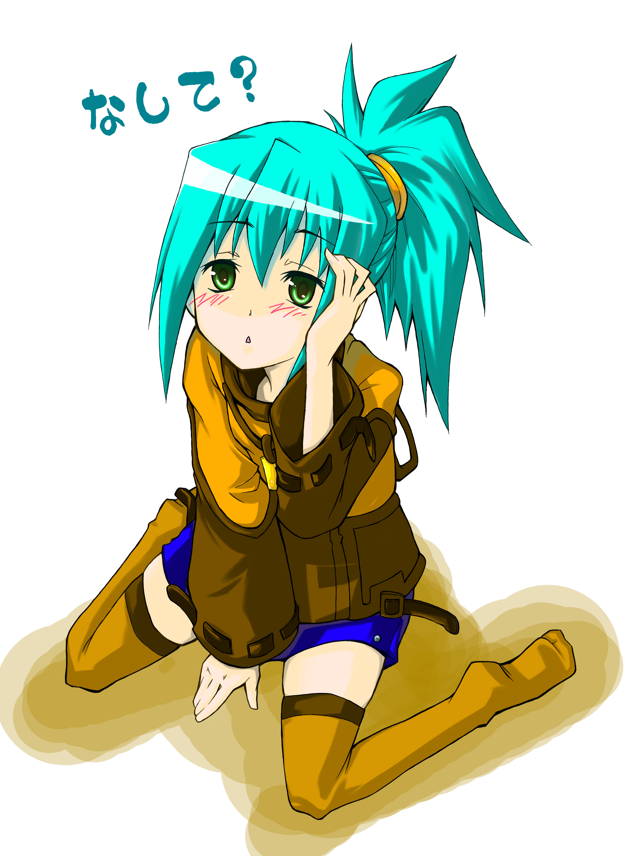 itochin, kawai honoka, sora wo kakeru shoujo, absurdres, bad id, bad pixiv id, highres, 00s, ?, adjusting hair, aqua hair, blush, detached sleeves, green eyes, kawai honoka (swks), ponytail, sitting, skirt, solo, spiked hair, thighhighs