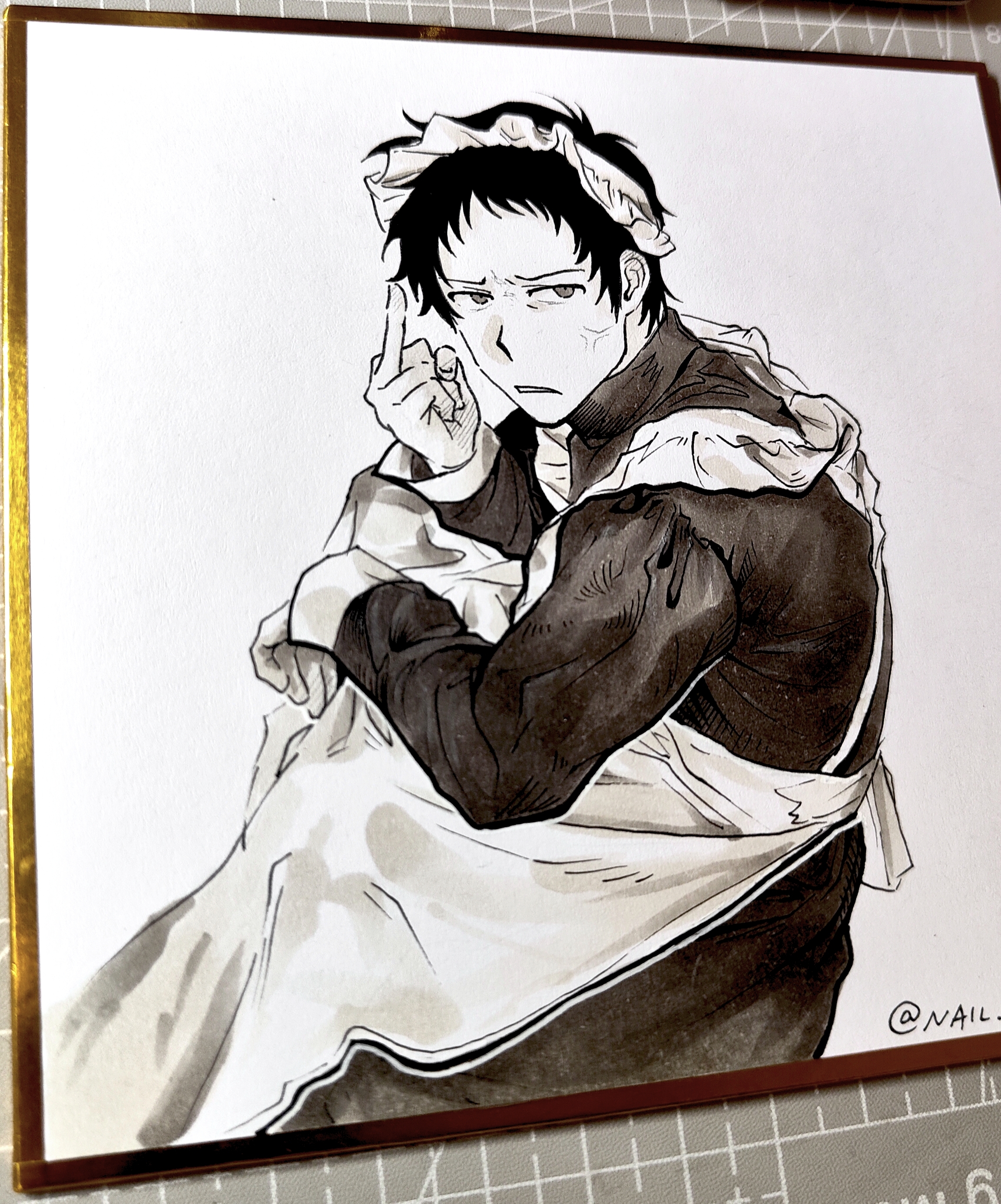 nailtoo, adachi tooru, persona, persona 4, absurdres, chinese commentary, commentary request, highres, photo (medium), traditional media, 1boy, alternate costume, anger vein, apron, crossdressing, crossdressing (mtf), dress, enmaided, greyscale, long sleeves, looking to the side, maid, maid apron, maid headdress, male focus, male maid, middle finger, monochrome, short hair, simple background, sitting, solo, white background